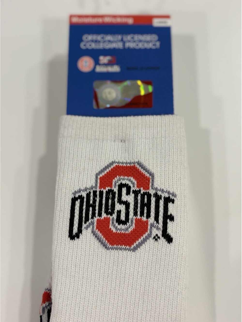Ohio State University Buckeyes White Crew Sock Large New Moisture Wicking 1 Pair